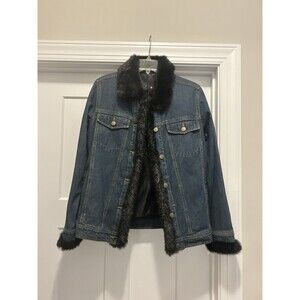 Dennis Basso Ladies Dark Blue Denim Coat With Removable Faux Fur Vest Size XS